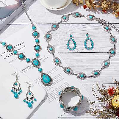 Synthetic Turquoise Hollow Out Teardorp Chandelier & Dangle Stud Earring & Stretch Bracelet & Lariat Necklace & Link Chain Waist Belt SJEW-AN0001-01-1
