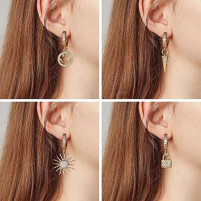 Clear Cubic Zirconia Padlock Drop Huggie Hoop Earrings EJEW-SW00005-06-1