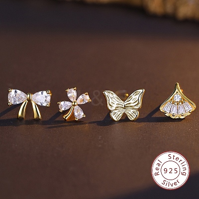 4Pcs 4 Style 925 Sterling Silver Stud Earrings Set PI9253-1-1