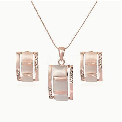 Rectangle Alloy & Cat Eye & Crystal Rhinestone Pendant Necklace & Stud Earring Sets FS-WG998B2-01-1