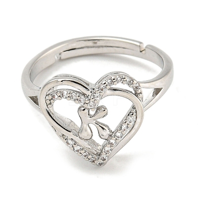 Heart with Letter Rack Plating Brass Micro Pave Clear Cubic Zirconia Adjustable Rings for Women RJEW-I105-01P-K-1