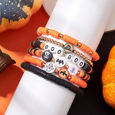 6Pcs 6 Styles Halloween Handmade Polymer Clay Beaded Stretch Bracelets Sets X1-BJEW-TA00490-1