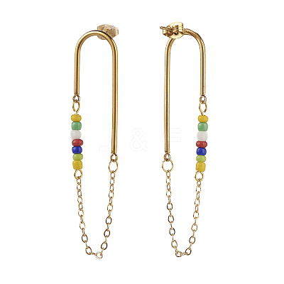 Chain Tassel with Glass Seed Beads Dangle Stud Earrings for Girl Women EJEW-TA00014-1