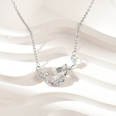 Brass Micro Pave Cubic Zirconia Heart Mermaid Pendant Necklaces for Women NJEW-S441-07A-P-1