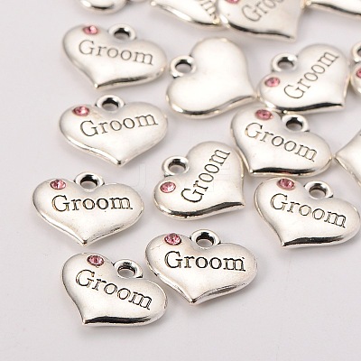 Wedding Theme Antique Silver Tone Tibetan Style Alloy Heart with Groom Rhinestone Charms LS-TIBEP-N005-20B-1