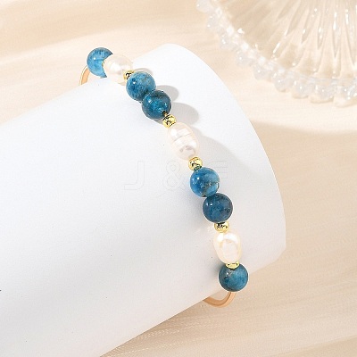 Natural Apatite Round and Rice Pearl Beaded Copper French Wire Cuff Bangles BJEW-JB14374-01-1
