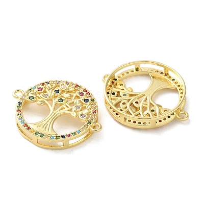 Rack Plating Brass Cubic Zirconia Tree of Life Connector Charm KK-C084-07B-G-1