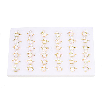 Brass & Natural Pearls Adjustable Open Cuff Rings for Women PEAR-N020-07J-1