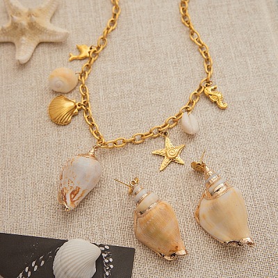 304 Stainless Steel with Natural Shell Starfish Sea Horse Pendant Bib Necklaces for Women FS-WG01E94-02-1