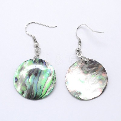 Abalone Shell Flat Round Dangle Earrings EJEW-E145-14-1