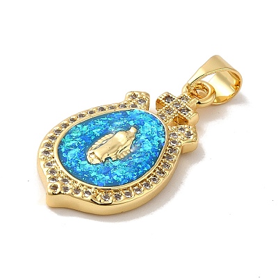 Rack Plating Brass Micro Pave Cubic Zirconia with Synthetic Opal Pendants KK-D088-17G-1