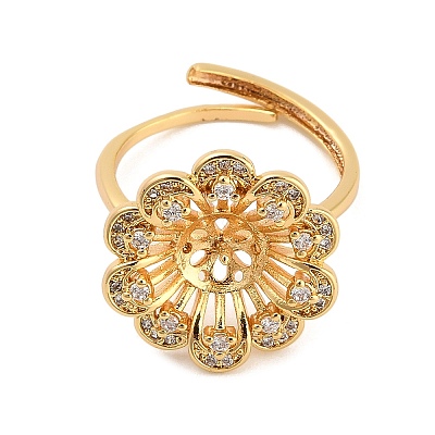 Flower Brass Micro Pave Cubic Zirconia Cup Peg Ring Settings for Half-drilled Beads KK-NH0009-04G-1