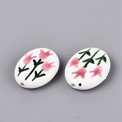 Hand Painted Tulip Flower Oval Porcelain Beads PORC-N012-11B-1