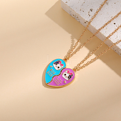 2Pcs Cute Alloy Enamel BFF Cat Heart Pendant Necklaces for Women FS-WG9A306-01-1