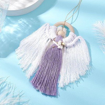 Angel Wood & Cotton Threads Pendant Decoration HJEW-JM02406-03-1