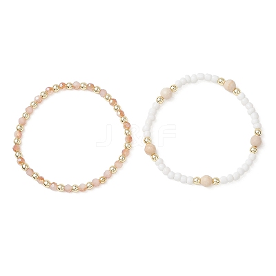 2Pcs Natural Fossil & Glass Round Beaded Stretch Bracelets for Women BJEW-JB13308-1