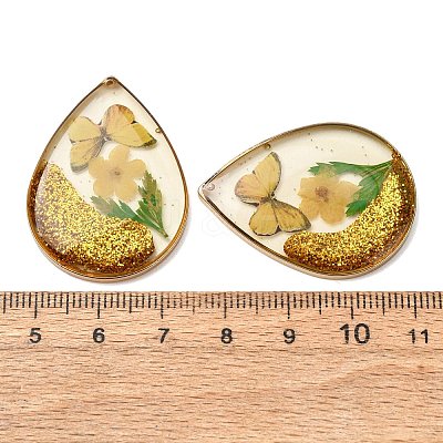 Brass & Transparent Epoxy Resin & Dried Flower Pendants RESI-G133-05G-01-1