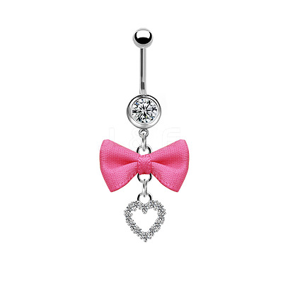 304 Stainless Steel Pave Cubic Zirconia with Cloth Bowknot Heart Dangle Belly Rings FS-WG03D58-05-1