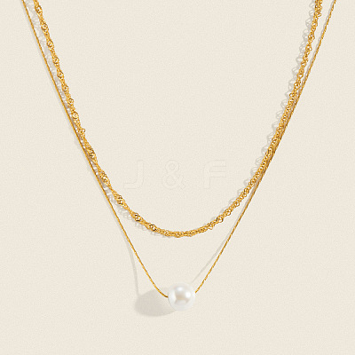 304 Stainless Steel Double Layer Necklaces with White Round Faux Pearl Pendants for Women KQ2558-1