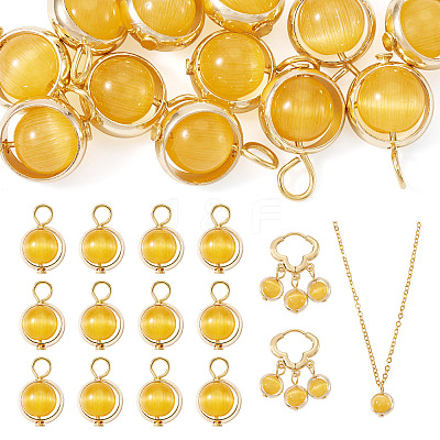 12Pcs Brass & Glass Imitation Cat Eye Round Charms PALLOY-TAC0237-02-1