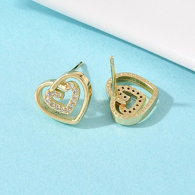 Brass Micro Pave Clear Cubic Zirconia Heart Stud Earrings EJEW-F400-28A-G-1