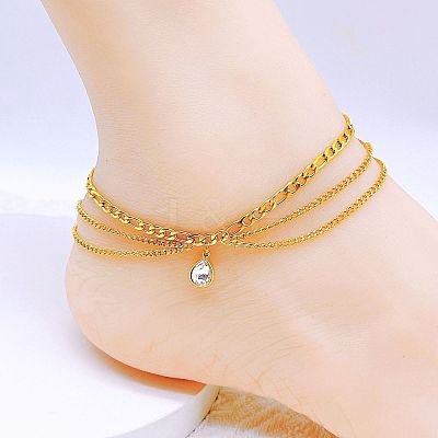 304 Stainless Steel Crystal Rhinestone 3 Layer Charm Anklets for Women FS-WG18883-02-1
