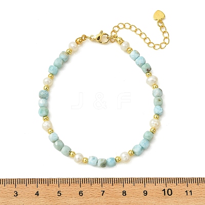 Natural Larimar Faceted Cube and Natural Cultured Freshwater Pearl Beaded Bracelets with Brass Round Beads BJEW-JB14416-1