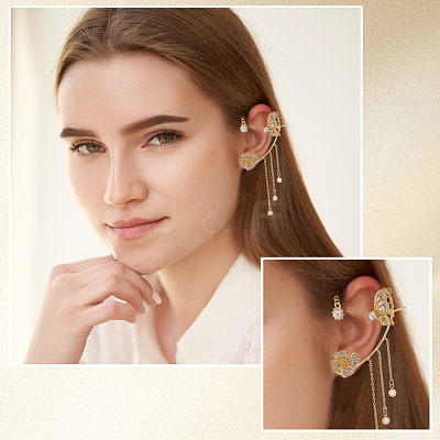4Pcs 4 Style Butterfly & Flower Crystal Rhinestone Climber Wrap Around Earrings EJEW-AN0001-01-1
