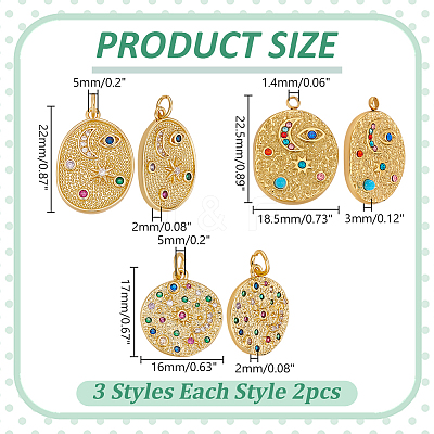 6Pcs 3 Styles Brass Micro Pave Colorful Cubic Zirconia Pendants FIND-WR0012-71-1