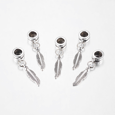 Antique Silver Tone Alloy European Feather Dangle Charms X-PALLOY-JF00001-20-1