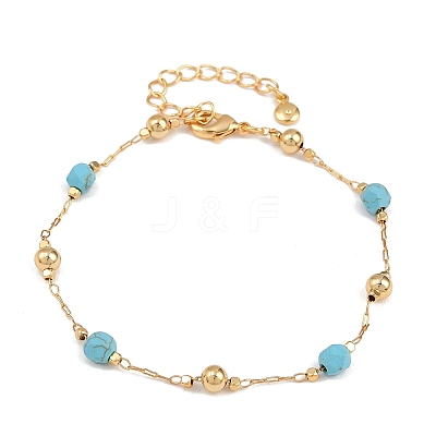 Brass & Synthetic Turquoise Link Chain Bracelets KK-H299-03G-1