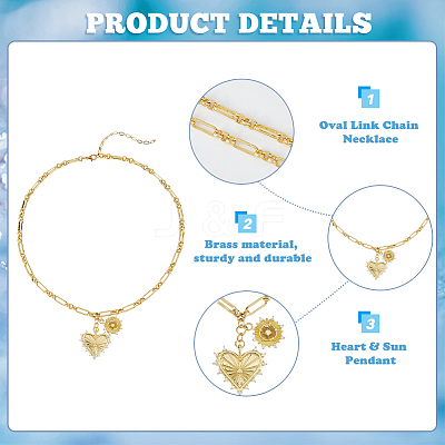 Brass Micro Pave Clear Cubic Zirconia Sun Heart Pendant Link Chain Necklaces NJEW-HS00021-1