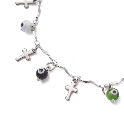 3Pcs 3 Colors Handmade Evil Eye Lampwork & 304 Stainless Steel Cross Tassel Bar Link Chain Anklets for Women AJEW-AN00741-1
