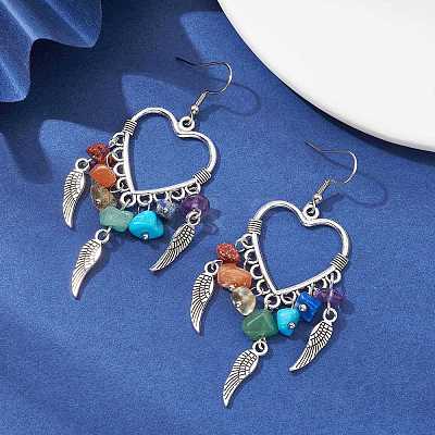 Alloy Heart & Feathter Woven Net Chandelier Earrings EJEW-JE05423-1