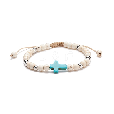 Synthetic Magnesite Braided Bead Bracelet with Synthetic Turquoise(Dyed) Cross BJEW-TA00146-01-1