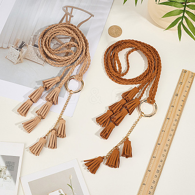 2Pcs 2 Colors Bohemian Imitation Leather Tassel with Alloy Ring Waist Chain Belts for Women AJEW-CL0005-22A-1
