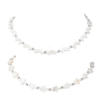 2Pcs 2 Styles Natural White Shell & Brass Moon Star Beaded Necklaces NJEW-JN05854-1