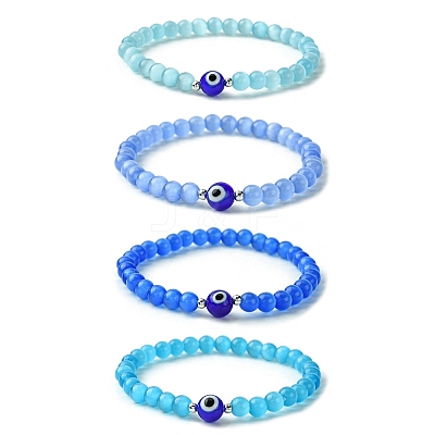 Cat Eye & Evil Eye Lampwork Beaded Stretch Bracelet BJEW-JB09803-1