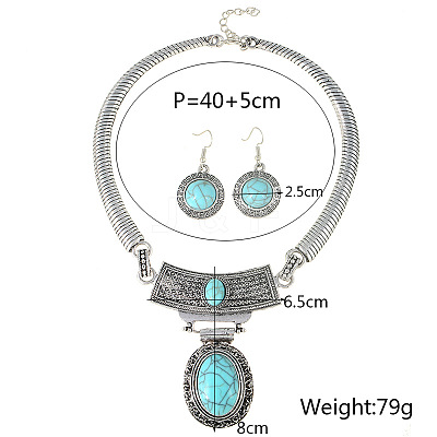 Oval Synthetic Turquoise Pendant Necklaces & Dangle Earrings Sets. Alloy Jewelry Sets FS-WGD3387-01-1