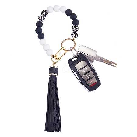 Silicone Round Beaded Keychain with Imitation Leather Tassel KEYC-SW00005-01-1