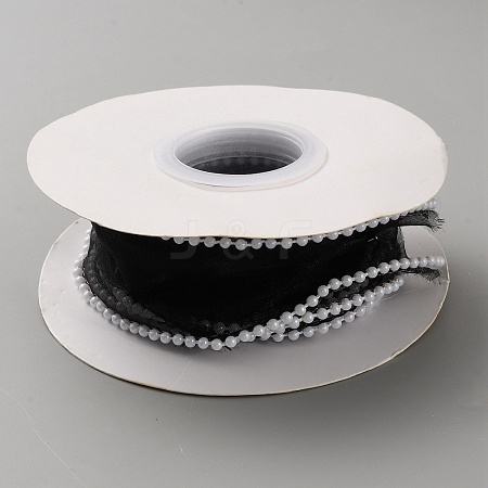 5 Yards Organza Ribbon with Plastic Pearl Beads OCOR-WH0091-58B-1