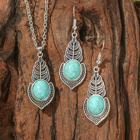 Bohemian Style Alloy & Synthetic Turquoise Pendant Necklaces & Dangle Earrings Sets WG2E1B4-10-1