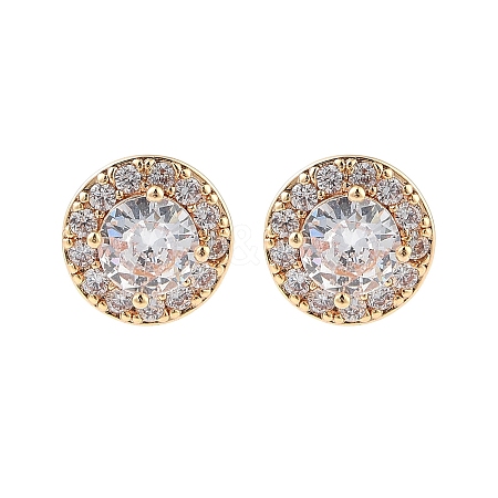 Rack Plating Flat Round Brass Clear Cubic Zirconia Stud Earrings EJEW-M090-19G-03-1