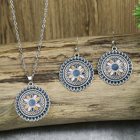 Flower Alloy Enamel Pendant Necklaces & Dangle Earrings Sets WG8932C-04-1