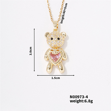 Fashionable Brass Pave Rose Rhinestone Cable Chain Heart Bear Pendant Necklaces for Women XK4018-4-1