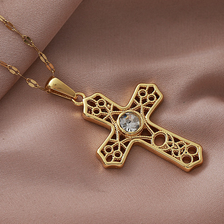 Vintage 304 Stainless Steel Pave Clear Cubic Zirconia Religion Filigree Cross Pendant Necklaces NA2735-1