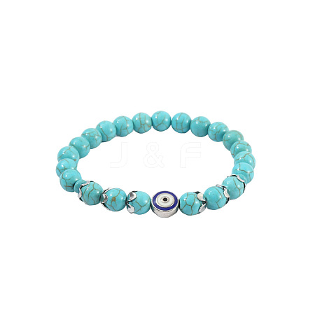 Synthetic Turquoise & Natural Tiger Eye Round Beaded Stretch Bracelets FS-WGB9D7B-02-1
