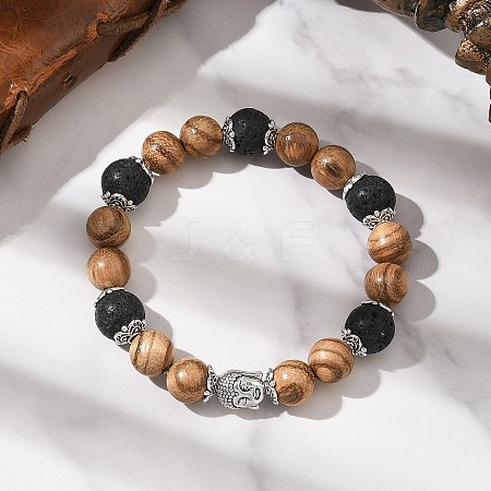 Natural Wood & Lava Rock Round Beads Stretch Bracelets BJEW-JB12353-01-1