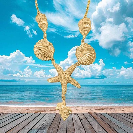 Summer Beach Alloy Crystal Rhinestone Shell Shape Starfish Pendant Necklaces for Women FS-WGE00B6-01-1