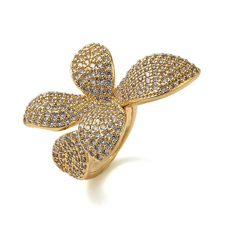 Rack Plating Flower Brass Micro Pave Clear Cubic Zirconia Cuff Rings for Women RJEW-H235-04G-1